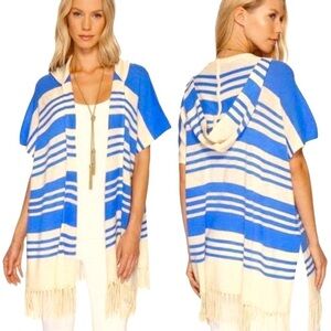 LILLY PULITZER AVION CASHMERE STRIPED HOODED RELAXED FIT FRINGE CARDIGAN PONCHO